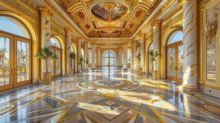 An opulent marble foyer with a hand-painted ceiling and golden accents