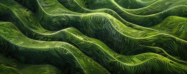 Green hills with abstract wavy lines.