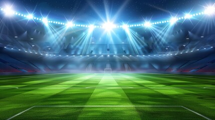 Sport arena night background with soccer stadium field. Football green grass with spotlight illustration template. 3D realistic competition or championship playground backdrop.