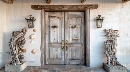 A coastal-inspired entrance with a weathered driftwood door and seashell accents