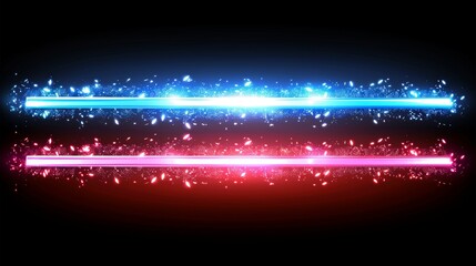 Animated flash glare elements on gold, red, pink and blue neon glow beams. Flicker strip with realistic laser glimmer border.