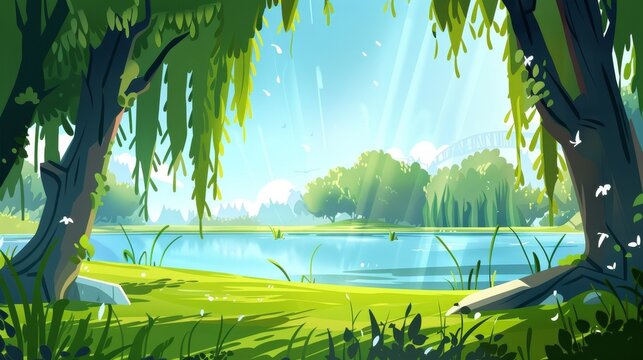A swamp in the forest with reeds cartoon modern scene. A lake with marsh plants at the shoreline landscape illustration. A young couple in outdoor parks with a green willow tree stem and a light ray