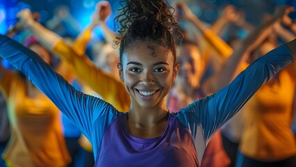 A Group of People in a Fitness Class Stretching and Smiling. Concept Fitness Class, Stretching, Smiling, Group Activity