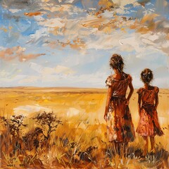 mother's day concept. painting of mother and her daughter looking at horizon, in the savanna