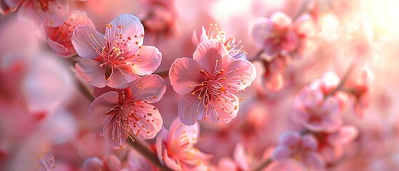 Radiant plum blossoms in full bloom with delicate pink petals and golden centers enhancing spring...