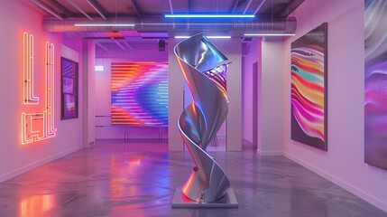 A contemporary art gallery entrance with a kinetic sculpture and neon signage