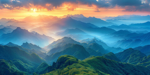 Obraz premium beautiful mountains layered with blue and green colors, a valley misty clouds over mountains, mountains landscape at sunset or sunrise, nature background