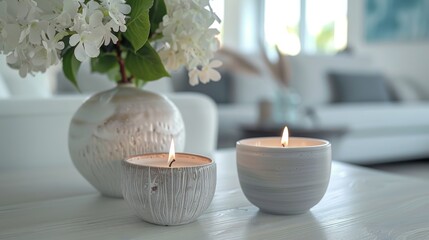 Elegant home decor with a lit candle and fresh hydrangeas on a white wooden table, creating a calm and inviting atmosphere