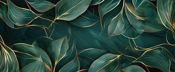 Dark green background with leaves pattern, and golden lines,