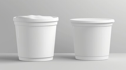 Modern mockup of a white plastic ice cream bucket container. Modern mockup of 3D yogurt paper round cup. Isolated mousse tube image to use as a template.