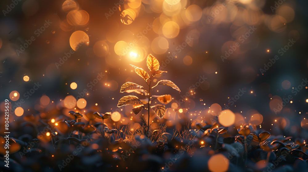 Poster a young tree bathed in the warmth of dawn, surrounded by a haze of bokeh lights that lend an aura of