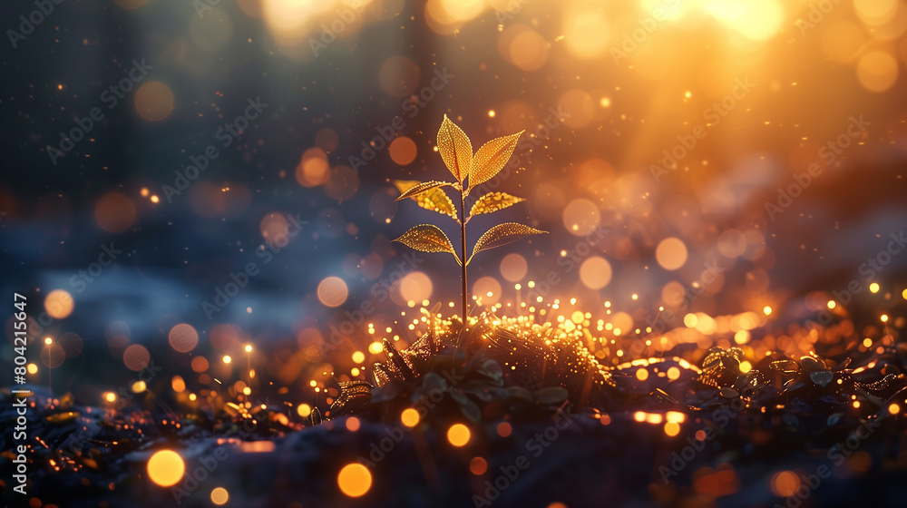 Poster a young tree bathed in the warmth of dawn, surrounded by a haze of bokeh lights that lend an aura of