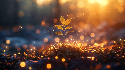  a young tree bathed in the warmth of dawn, surrounded by a haze of bokeh lights that lend an aura of mystery and enchantment, symbolizing the transformative power of technology in capturing the essen