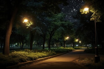 Drive through a city park with lampposts and fireflies.