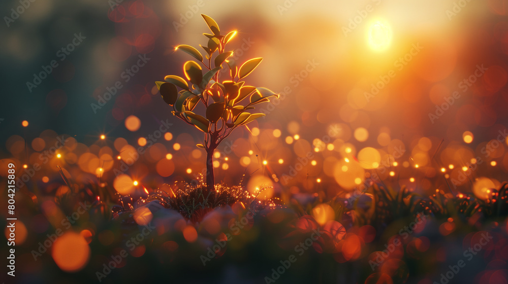Poster a young tree bathed in the warmth of dawn, surrounded by a haze of bokeh lights that lend an aura of