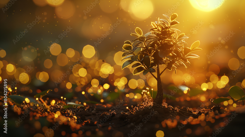 Poster a young tree bathed in the warmth of dawn, surrounded by a haze of bokeh lights that lend an aura of