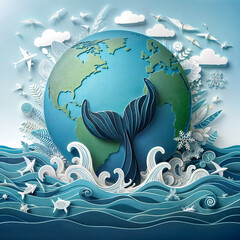 World Oceans Day With Whale Tail Paper digital illustration created with generative ai.