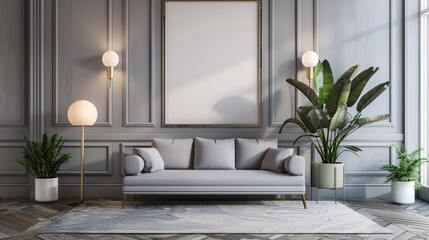 Poster above white cabinet with plant next to grey sofa in simple living room interior.