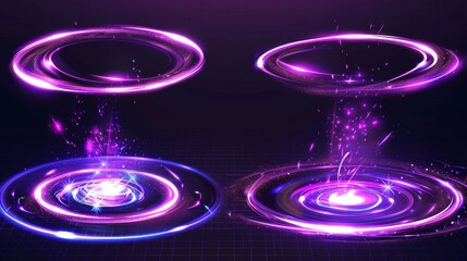 Set of optical halo flare and neon light modern effects isolated on transparent background. Circle lens ring with glitter 3D digital design. Radiant speed motion design. Magic energy vortex with