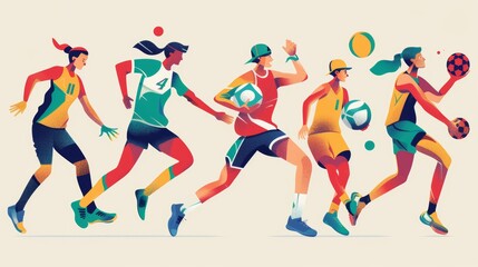 set vector design football, tennis, volleyball and basketball players. for banner and website design elements. flat design of player big ball and small ball. national sport