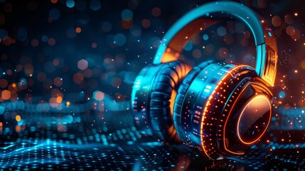 Futuristic headphones with vibrant digital waves on a starry background portraying advanced audio technolog