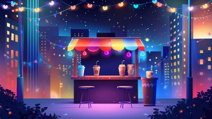An urban street coffee shop illuminated with colorful garlands, paper cups on tables, stars in the sky, and city buildings in the background is depicted in this modern cartoon illustration.
