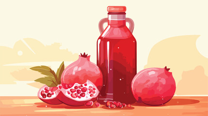Bottle of juice and tasty pomegranates on table 2d