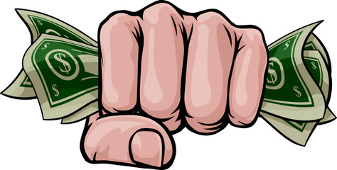 A hand in a fist squeezing cash money dollar bills. In a comic book pop art cartoon illustration style