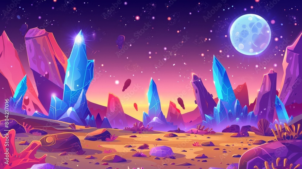 Poster game level map on mars planet modern background. cartoon illustration of flying platform with fantas