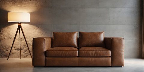 brown leather sofa and concrete stone pattern wall background. Minimalist style home interior design of modern living room