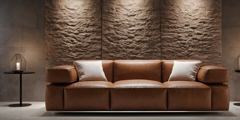 brown leather sofa and concrete stone pattern wall background. Minimalist style home interior design of modern living room