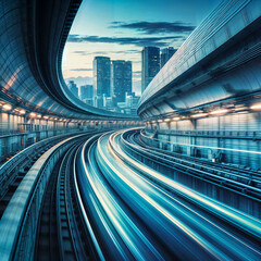 Japan Tokyo tunnel moving train blur motion abstract Asia background bay blue bridge city landscape created with generative ai. 