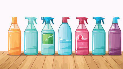 Bottles of detergents on white wooden background 2d