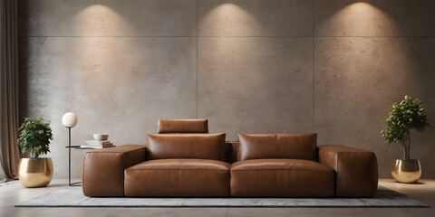 brown leather sofa and concrete stone pattern wall background. Minimalist style home interior design of modern living room