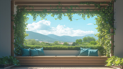 window with a view of mountains and a bench with pillows