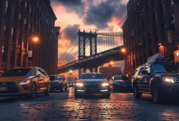 New York City with the Manhattan bridge at sunset.