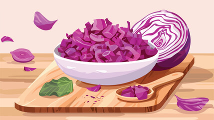 Bowl and board with chopped red cabbage on light ta