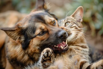 A joyful cat and dog playing together in a closeup shot