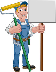 A painter decorator handyman cartoon construction man mascot character holding a paint roller tool