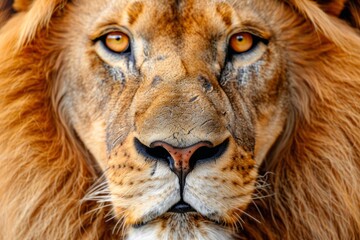 A close up of a majestic lions face with piercing yellow eyes, showcasing its regal demeanor and intense gaze