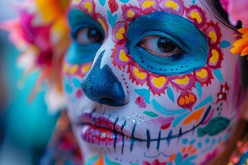 Closeup of a woman with vibrant blue face paint inspired by Dia de los Muertos, wearing colorful flowers in her hair