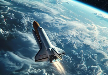 Spaceship orbits Earth, surrounded by clouds, with a shuttle rocket in deep space. Sci-fi wallpaper with furnished elements.