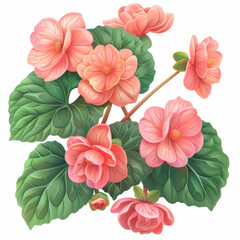 Beautifully detailed illustration of pink begonia flowers with lush green leaves, perfect for botanical art lovers.