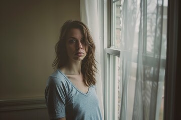 Woman standing by a window, gazing outside into the distance