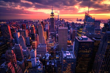 New York City skyline with Empire State Building at sunset.