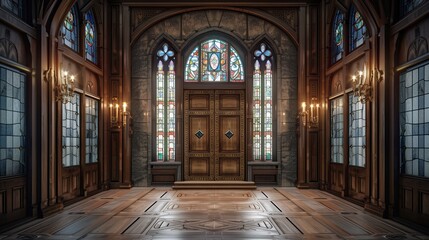 A grand entrance with a large oak door and stained glass windows on the sides