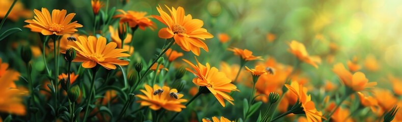 Beautiful orange flowers with bees.