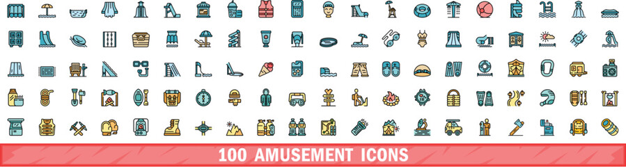 100 amusement icons set. Color line set of amusement vector icons thin line color flat on white