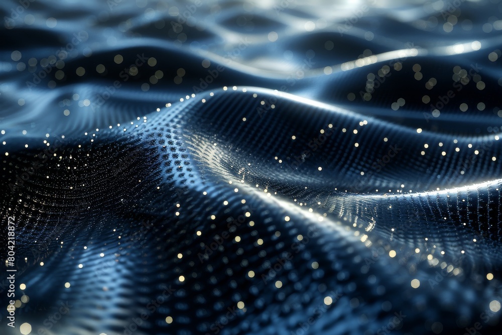 Poster detailed digital artwork presenting a futuristic mesh waving pattern with particles simulating a rip
