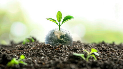 Young plant sprouting from a globe in soil, symbolizing hope and renewal for the Earth.